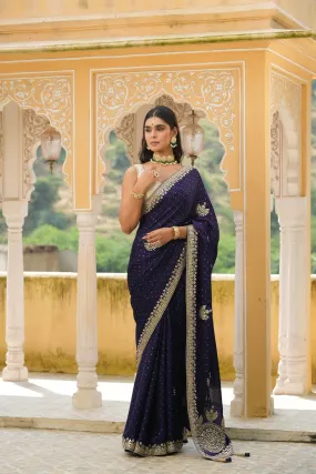 90Z739-NRO Navy Blue Embroidered Tussar Georgette Saree