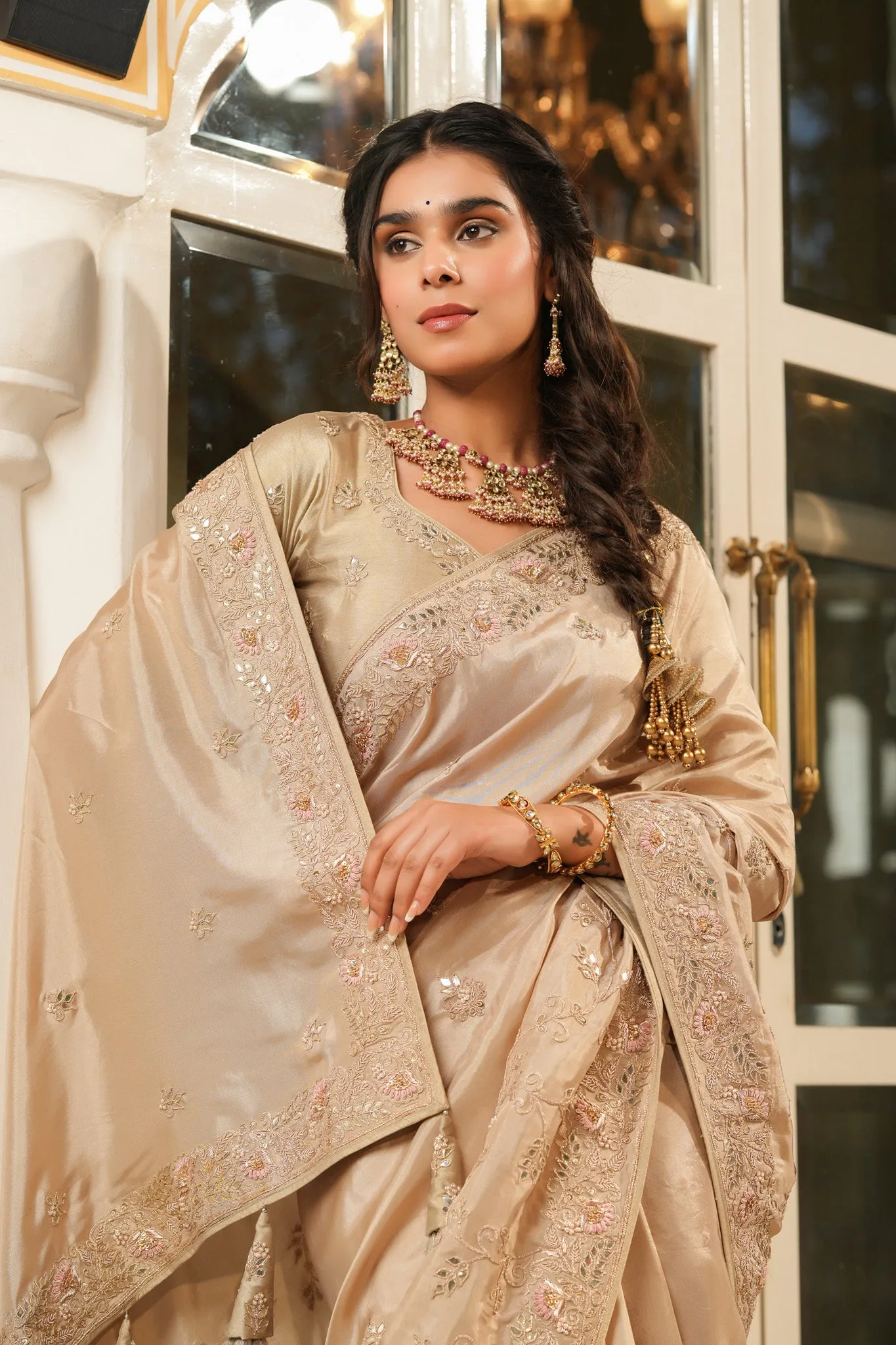 90Z744-RO Beige Tussar Georgette Sari with Embroidered Border