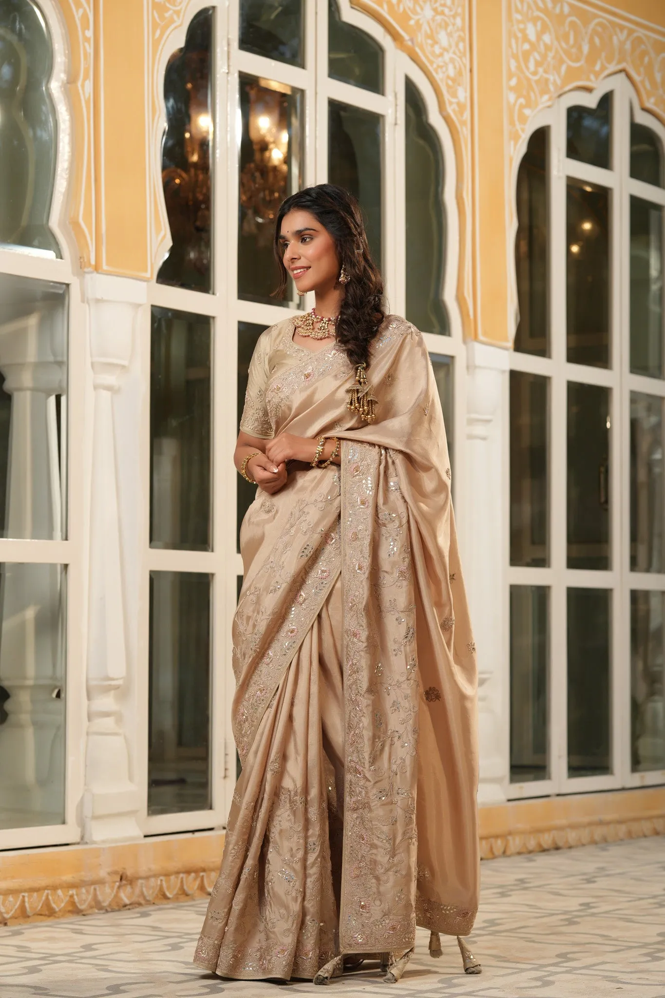 90Z744-RO Beige Tussar Georgette Sari with Embroidered Border