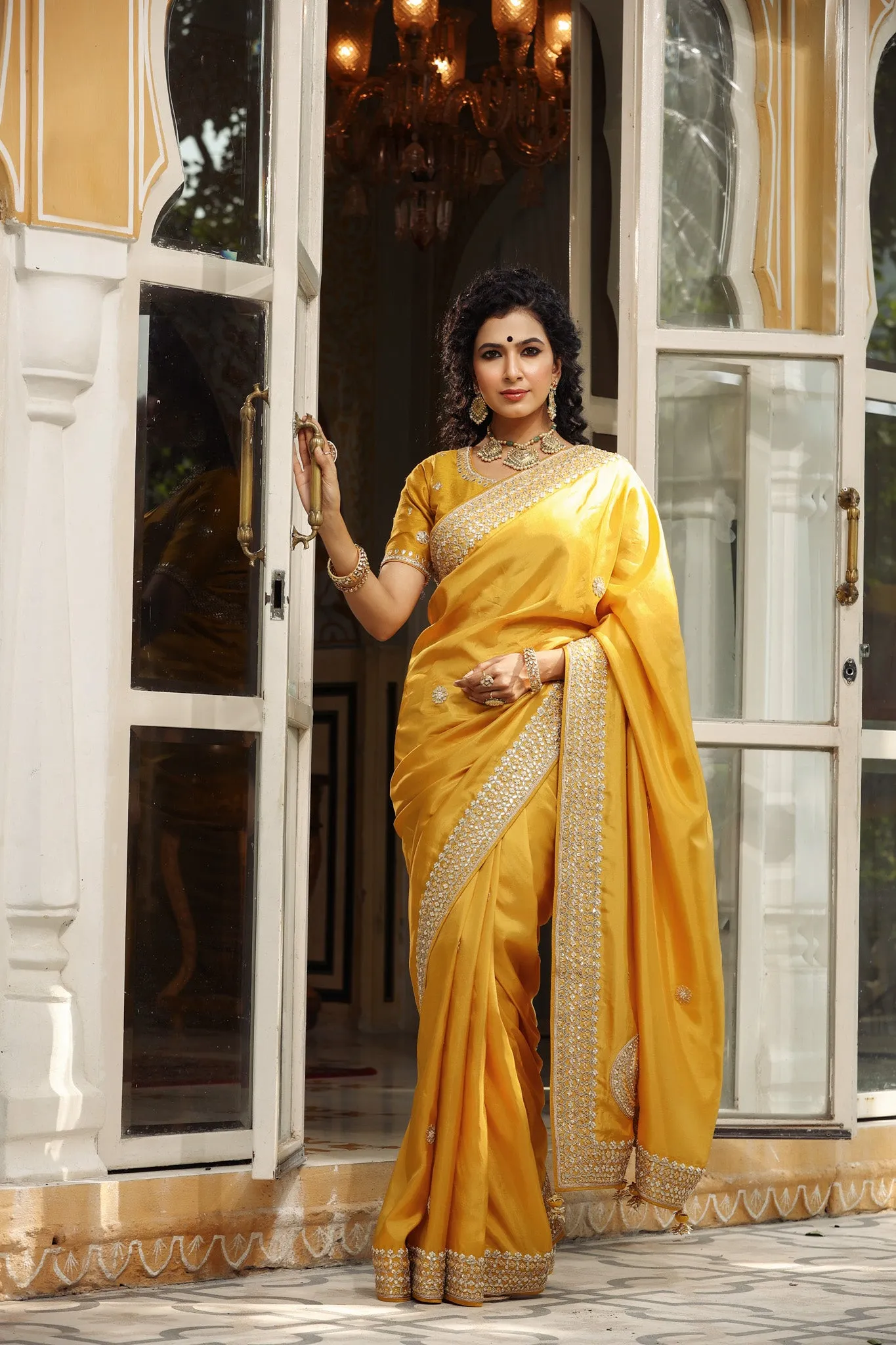 90Z750-RO Yellow Tussar Georgette Saree with Embroidered Blouse