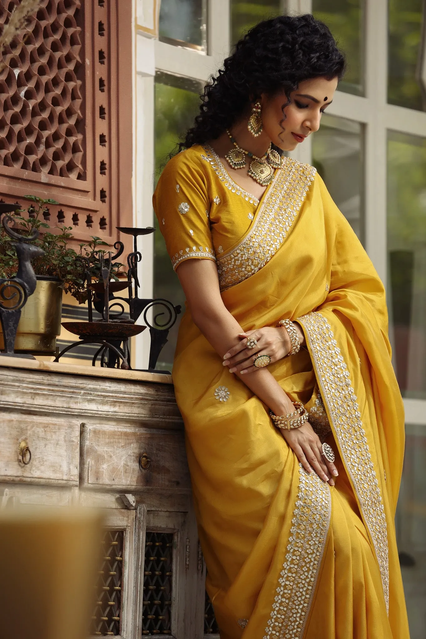 90Z750-RO Yellow Tussar Georgette Saree with Embroidered Blouse