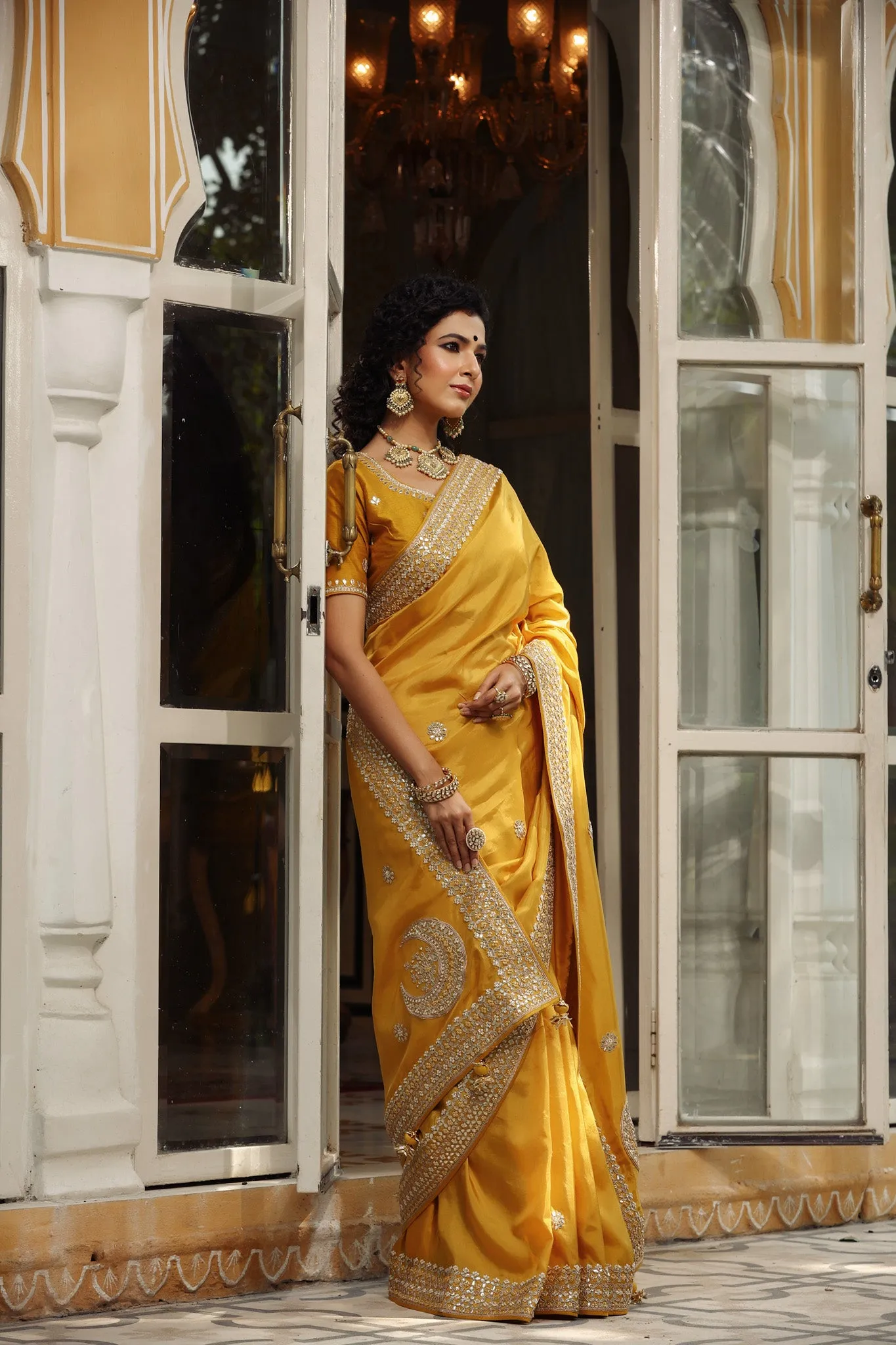 90Z750-RO Yellow Tussar Georgette Saree with Embroidered Blouse