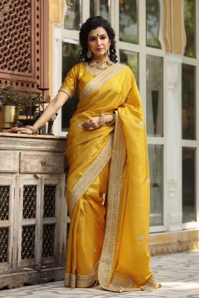 90Z750-RO Yellow Tussar Georgette Saree with Embroidered Blouse