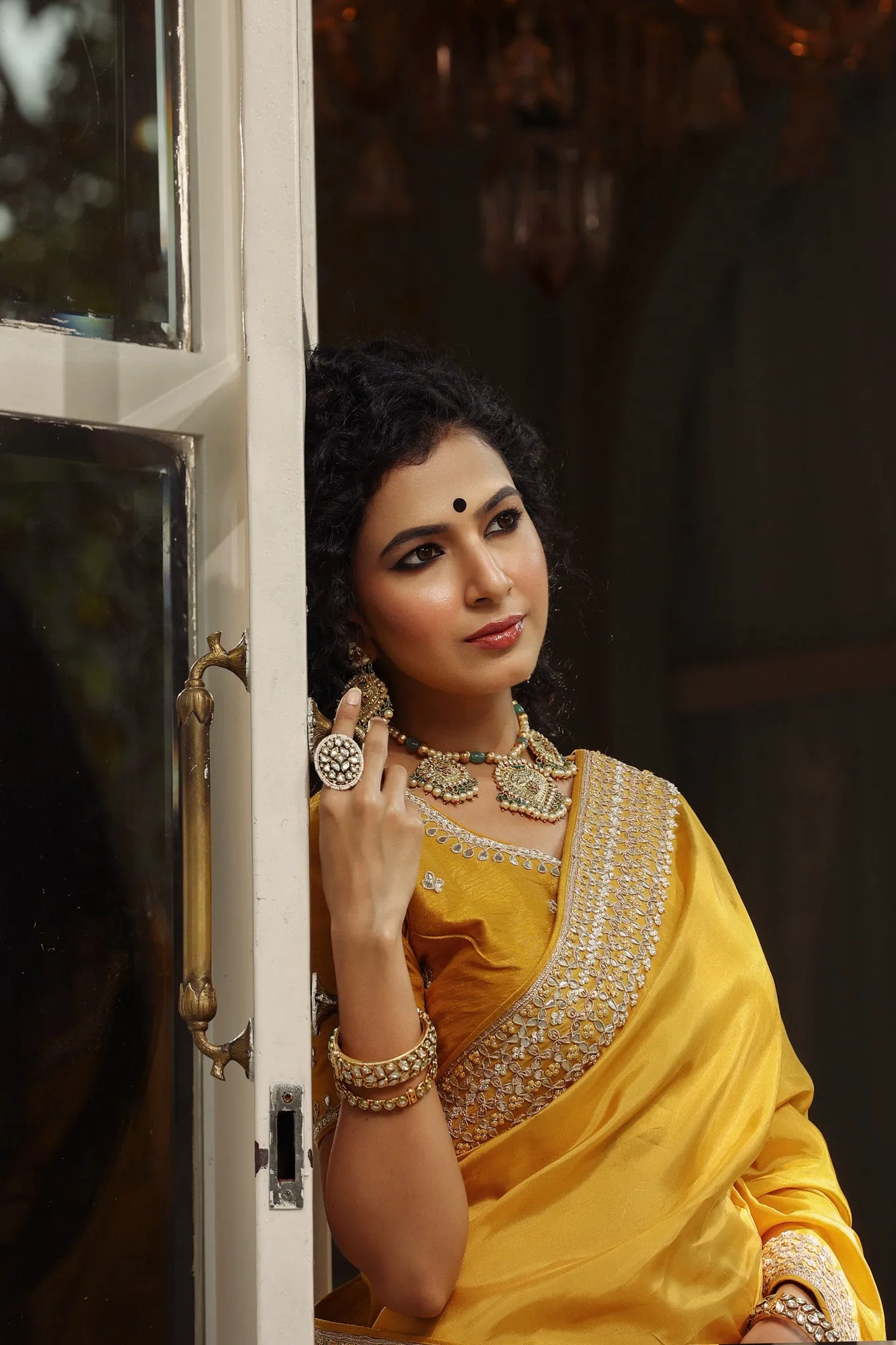 90Z750-RO Yellow Tussar Georgette Saree with Embroidered Blouse