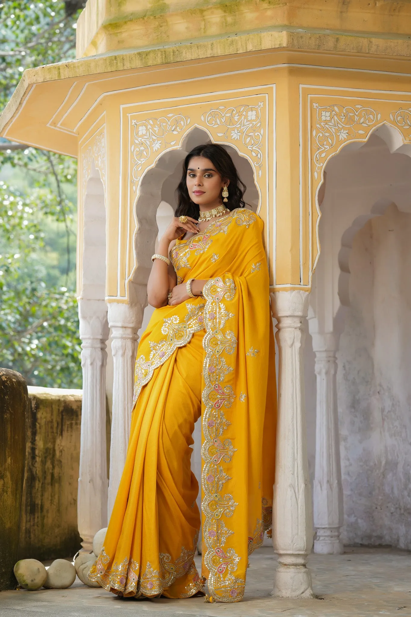 90Z773-RO Yellow Tussar Georgette Saree with Hand Embroidered Border