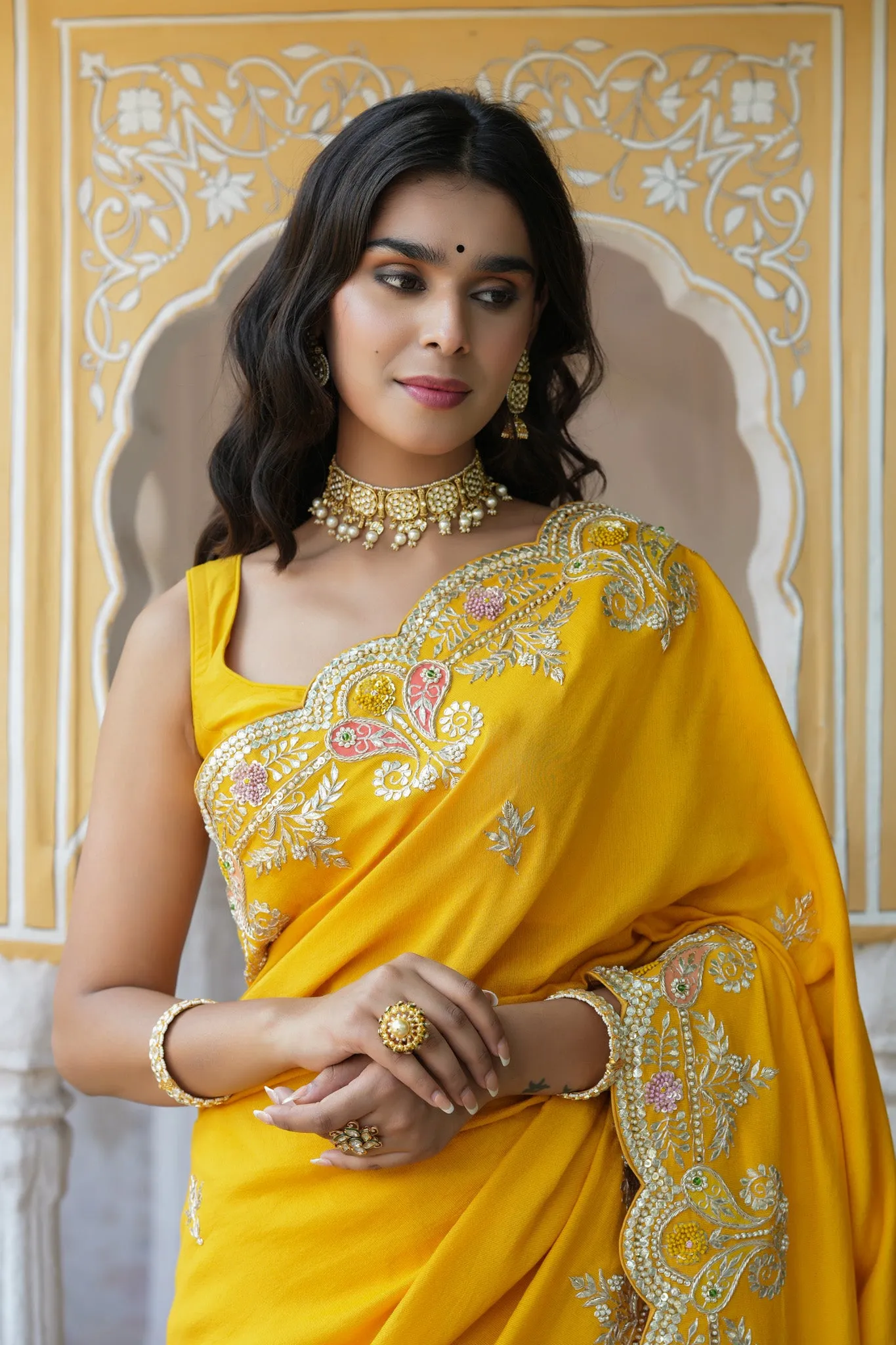 90Z773-RO Yellow Tussar Georgette Saree with Hand Embroidered Border