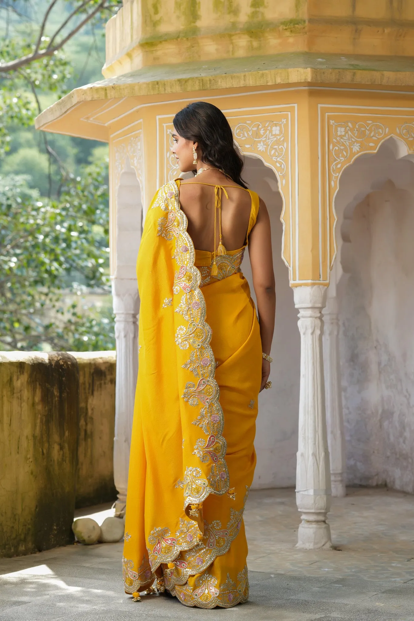 90Z773-RO Yellow Tussar Georgette Saree with Hand Embroidered Border