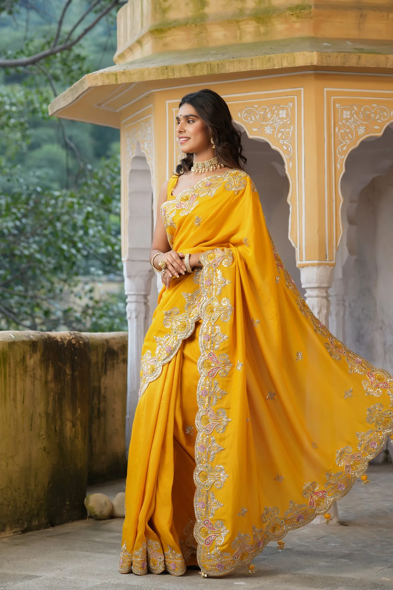 90Z773-RO Yellow Tussar Georgette Saree with Hand Embroidered Border