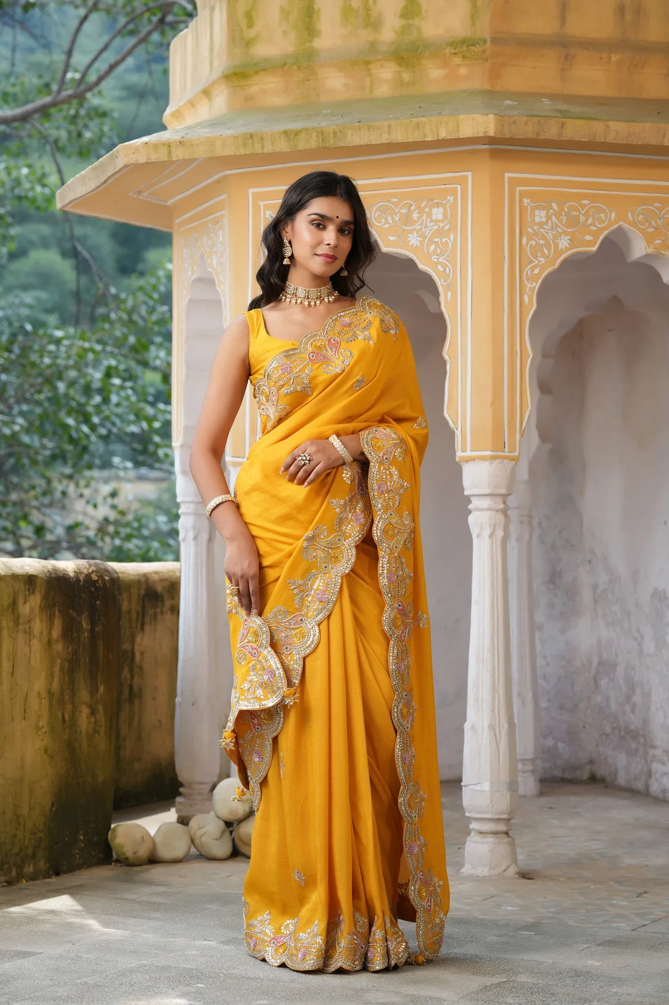 90Z773-RO Yellow Tussar Georgette Saree with Hand Embroidered Border