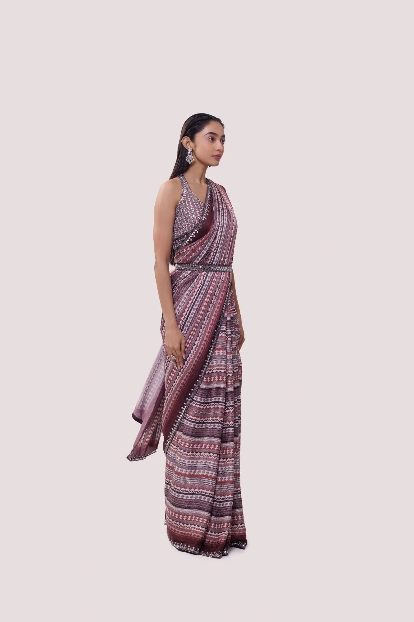 90Z837-RO Wine Printed Saree with Blouse