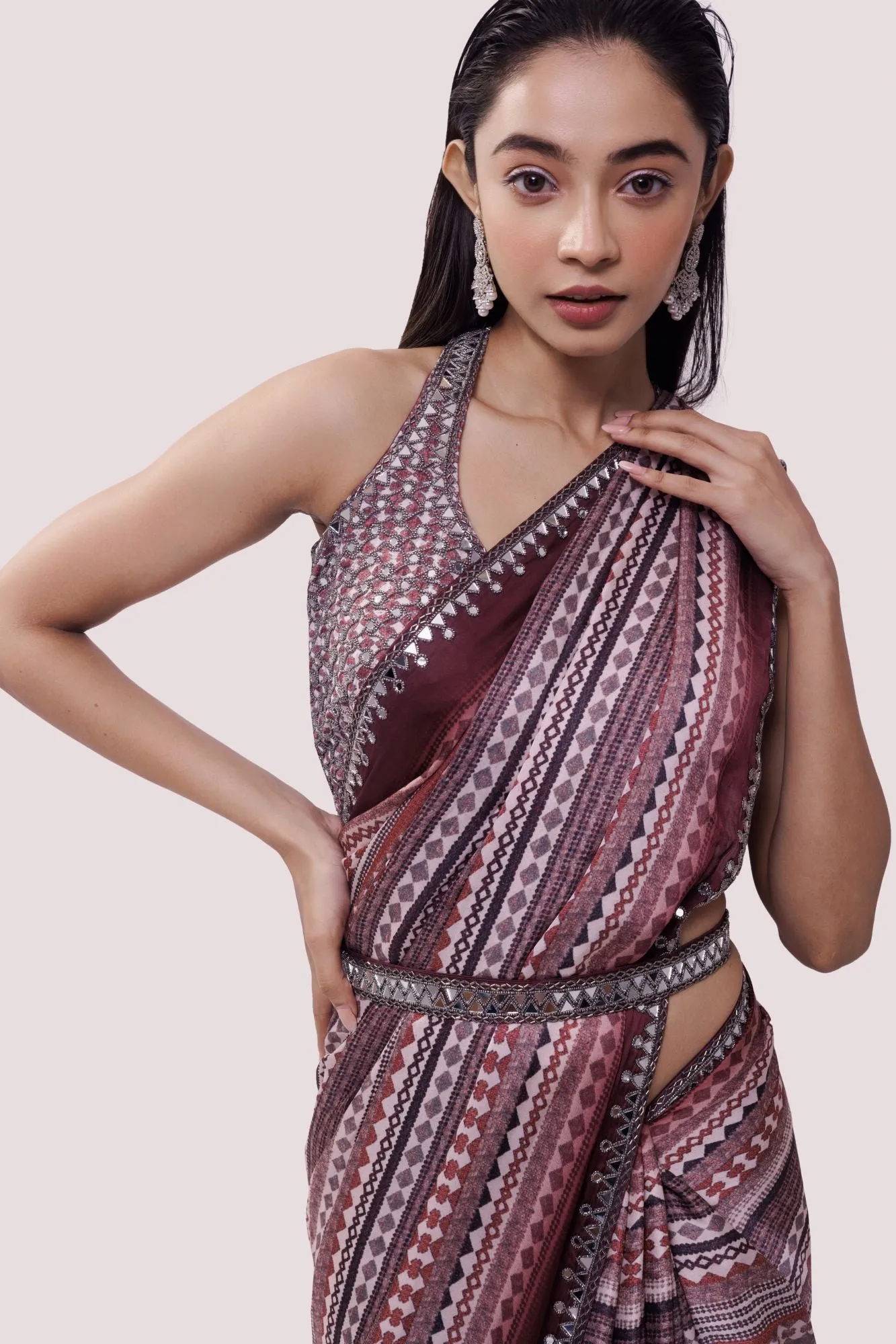 90Z837-RO Wine Printed Saree with Blouse