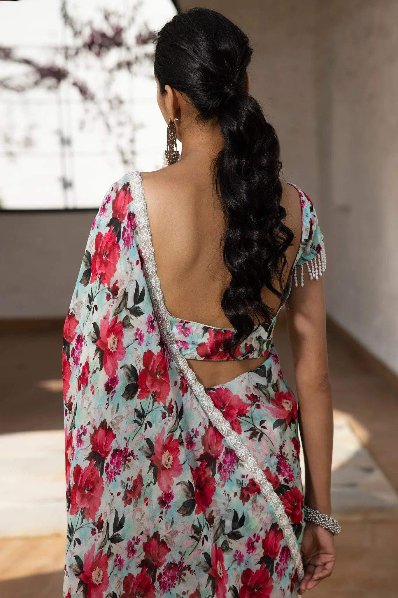 90z854-NRO Green Floral Printed Satin Crepe Saree