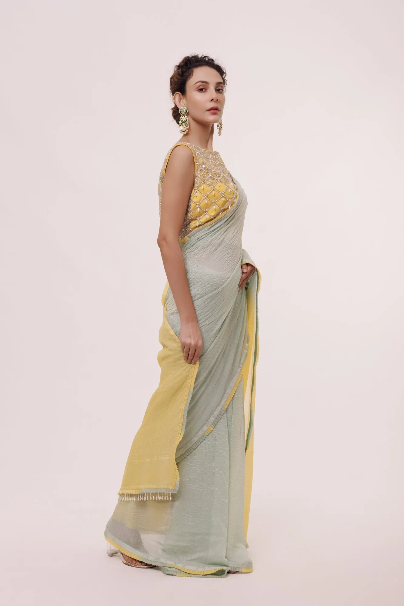 90Z857-RO Grey & Lemon Yellow Dual Toned Saree