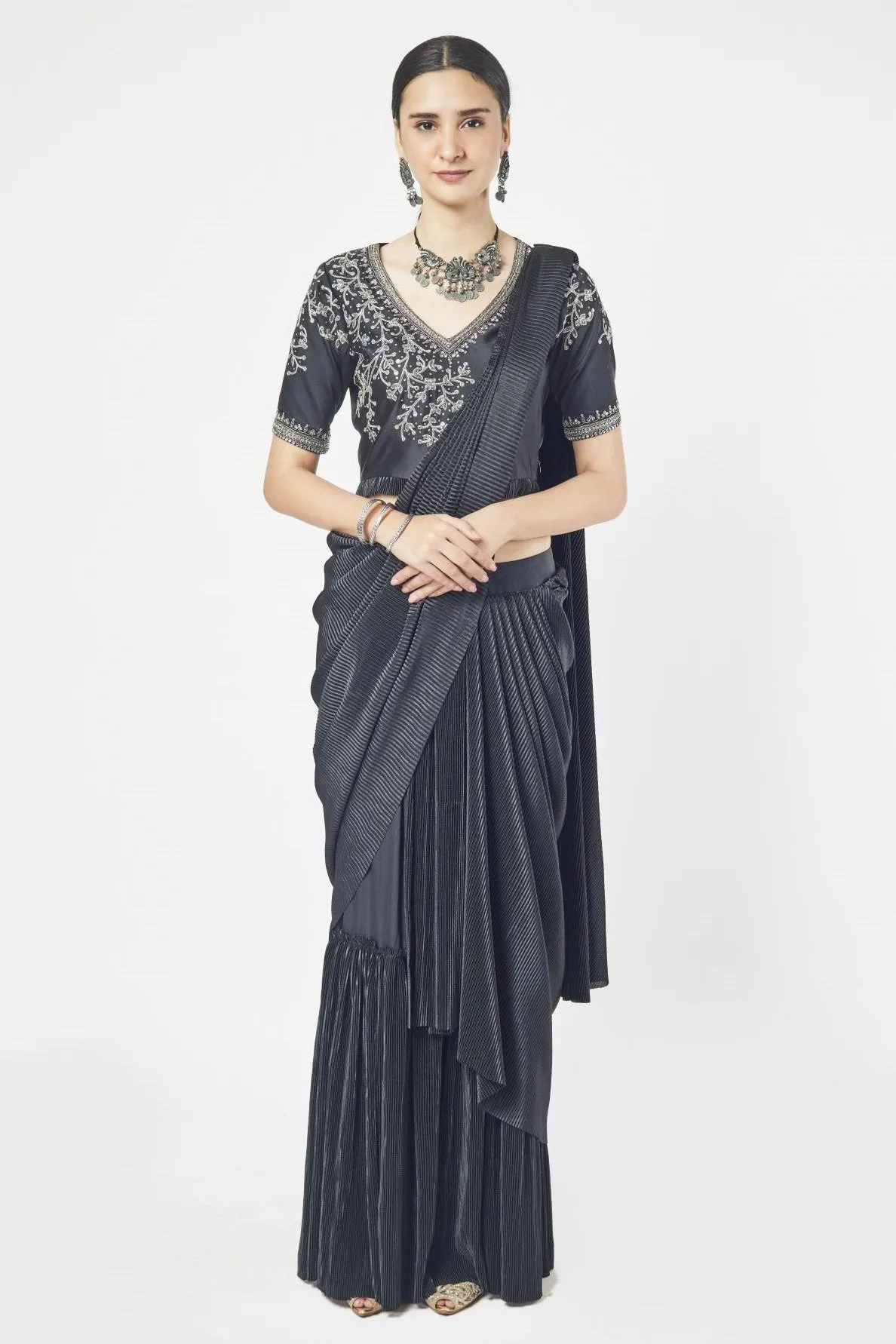 90Z930-RO Black Silk Drape Saree Set With Mirror Work