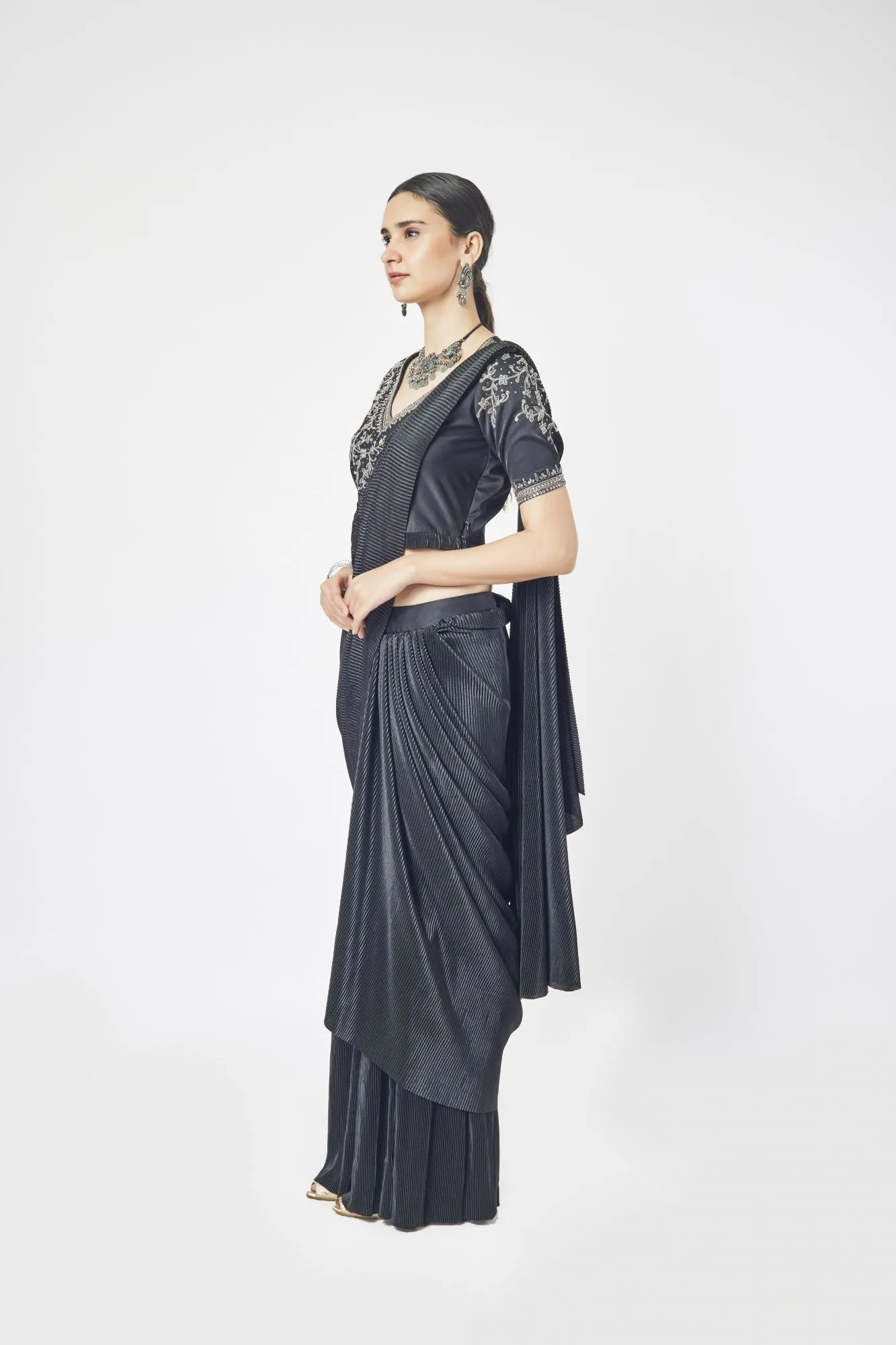 90Z930-RO Black Silk Drape Saree Set With Mirror Work