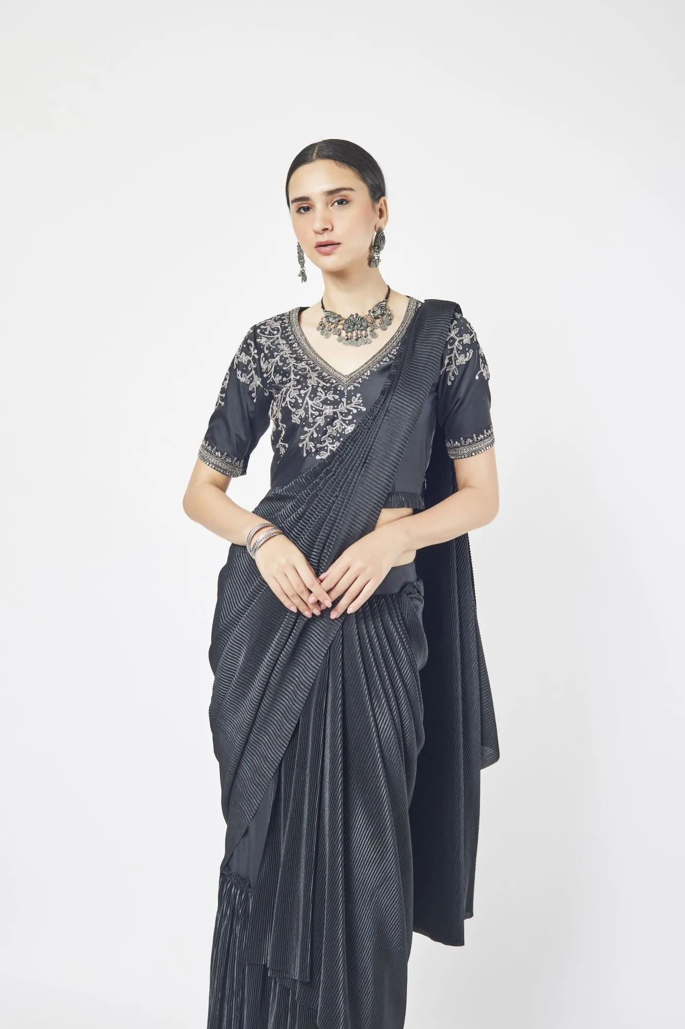 90Z930-RO Black Silk Drape Saree Set With Mirror Work