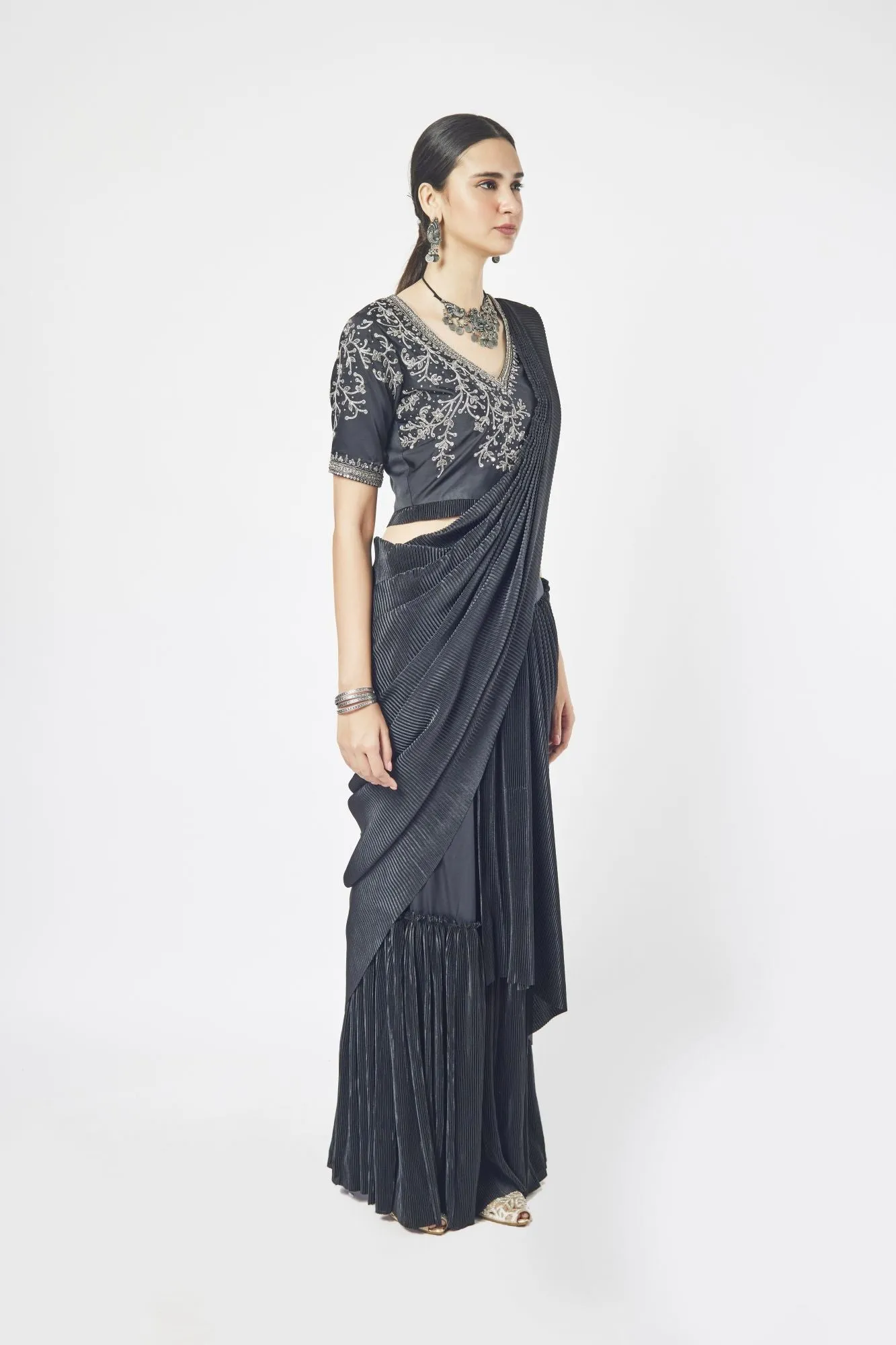 90Z930-RO Black Silk Drape Saree Set With Mirror Work