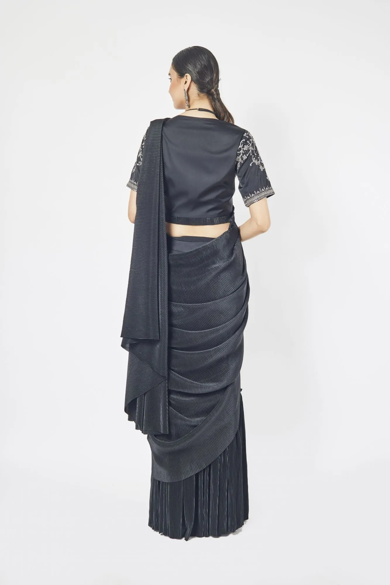 90Z930-RO Black Silk Drape Saree Set With Mirror Work