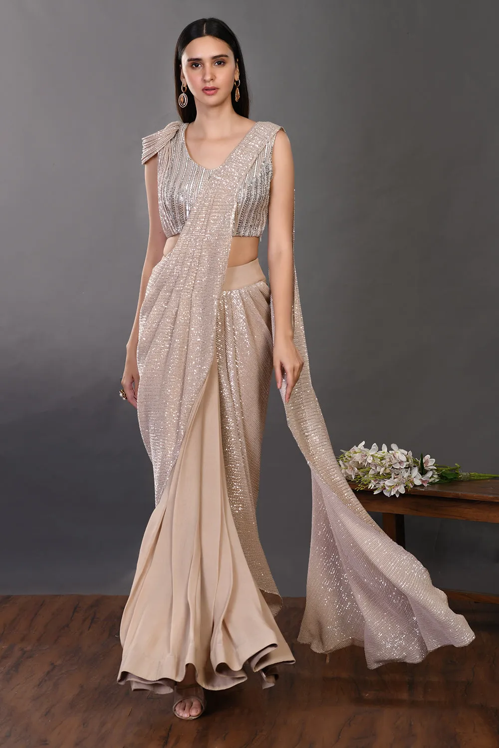 90Z944-RO Golden Shimmery Drape Saree Set