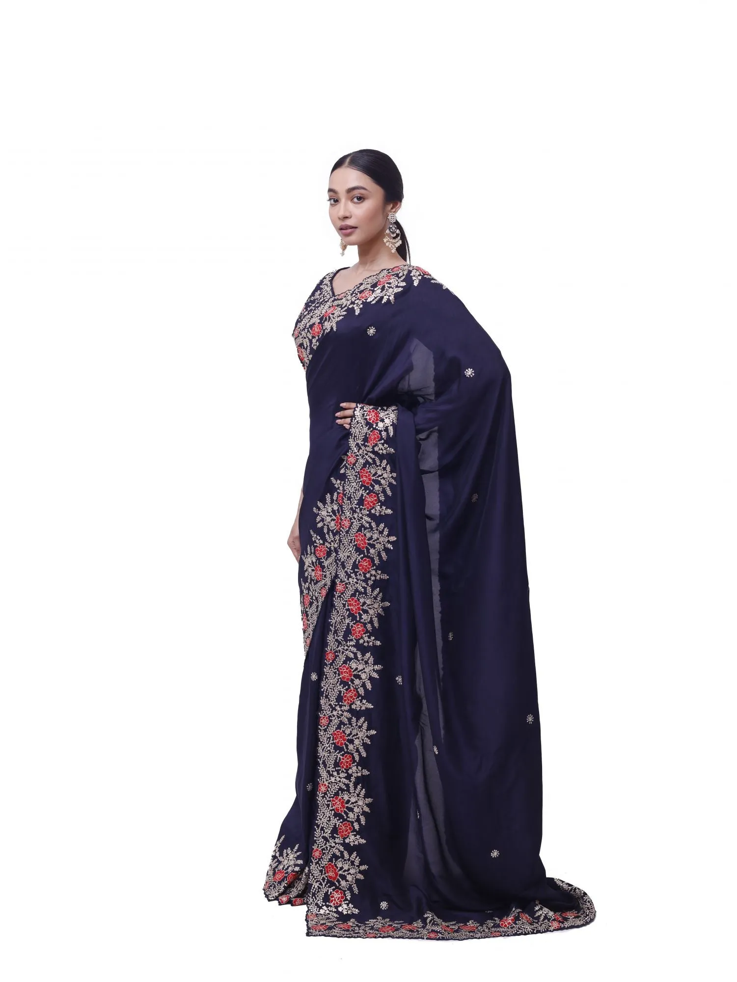 90Z999-RO Navy Blue Zari and Thread Work Silk Saree with Blouse