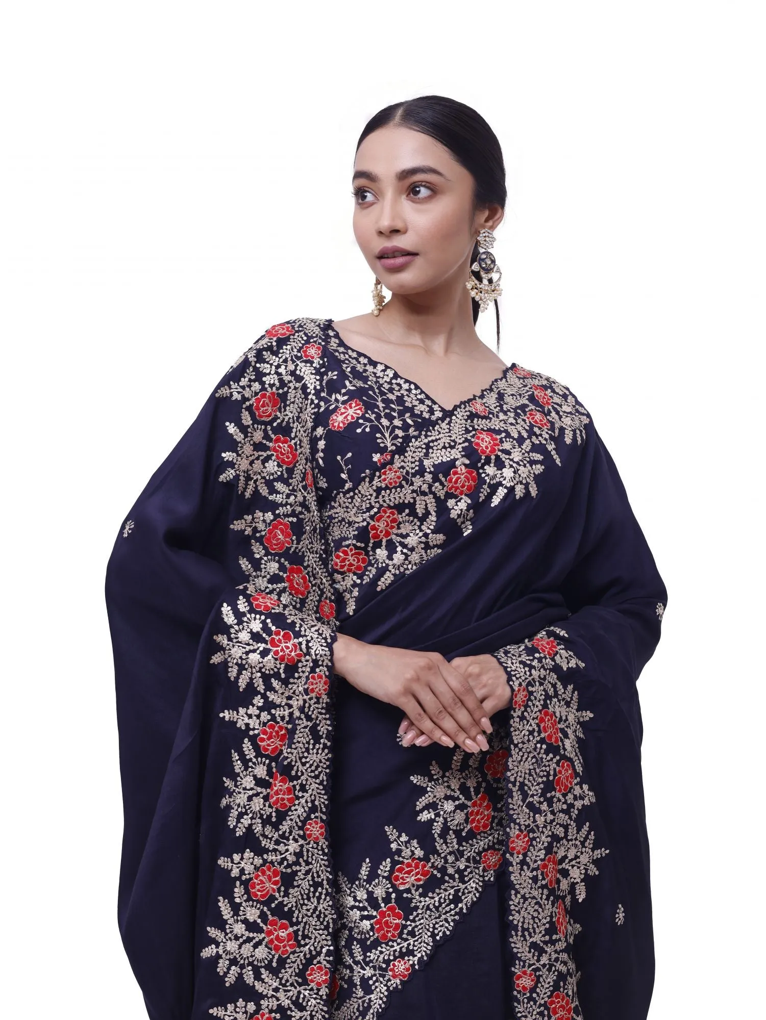 90Z999-RO Navy Blue Zari and Thread Work Silk Saree with Blouse