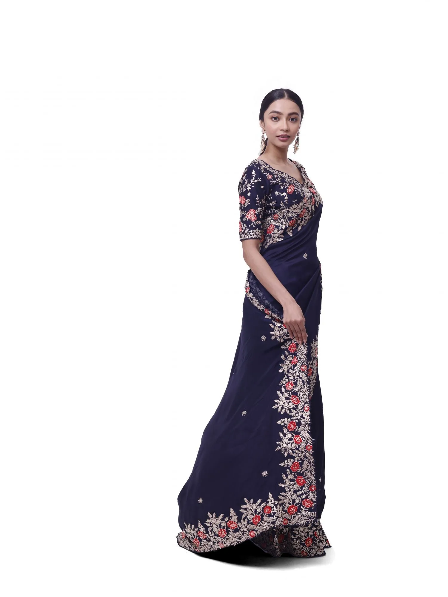 90Z999-RO Navy Blue Zari and Thread Work Silk Saree with Blouse