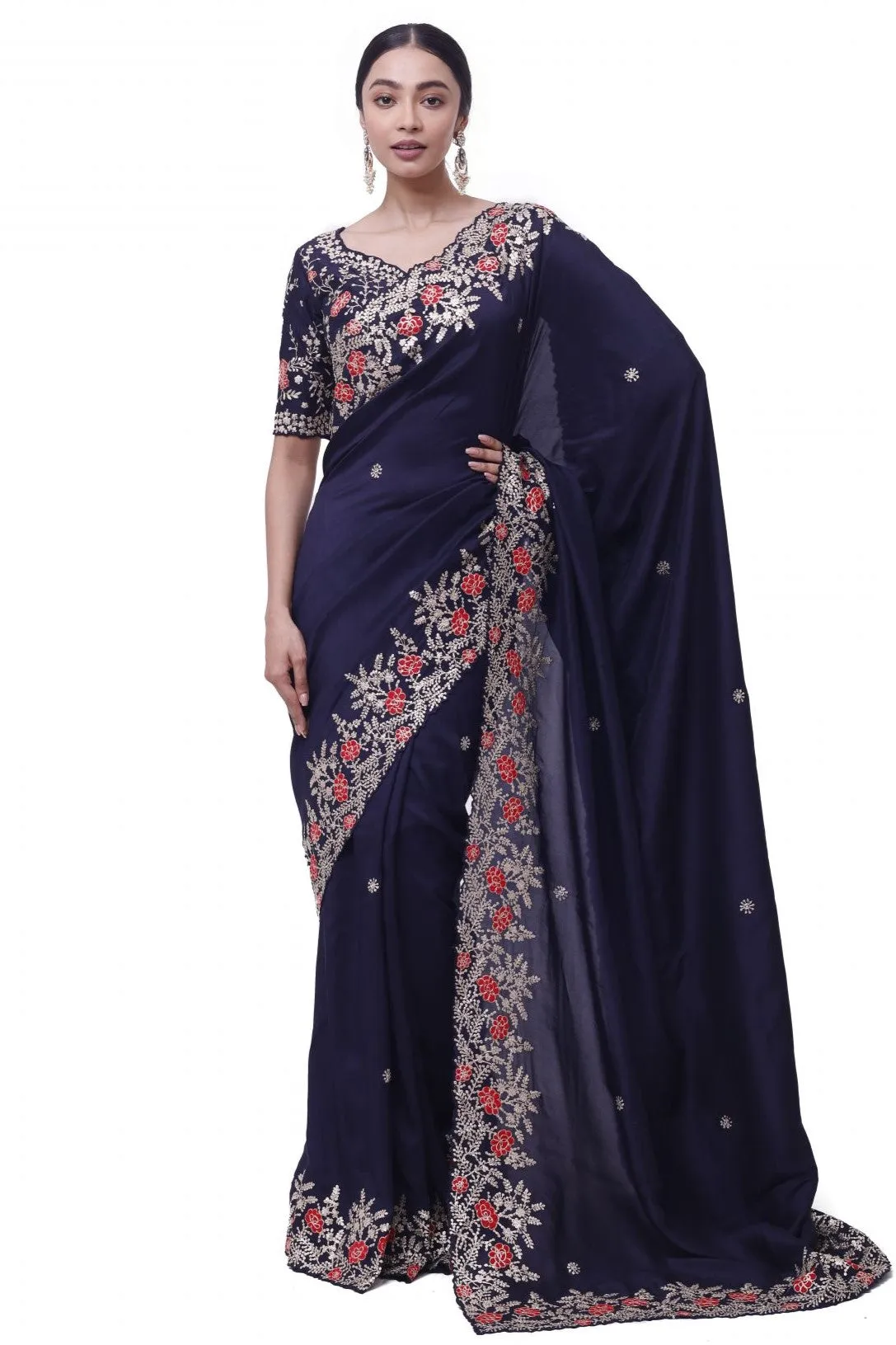 90Z999-RO Navy Blue Zari and Thread Work Silk Saree with Blouse