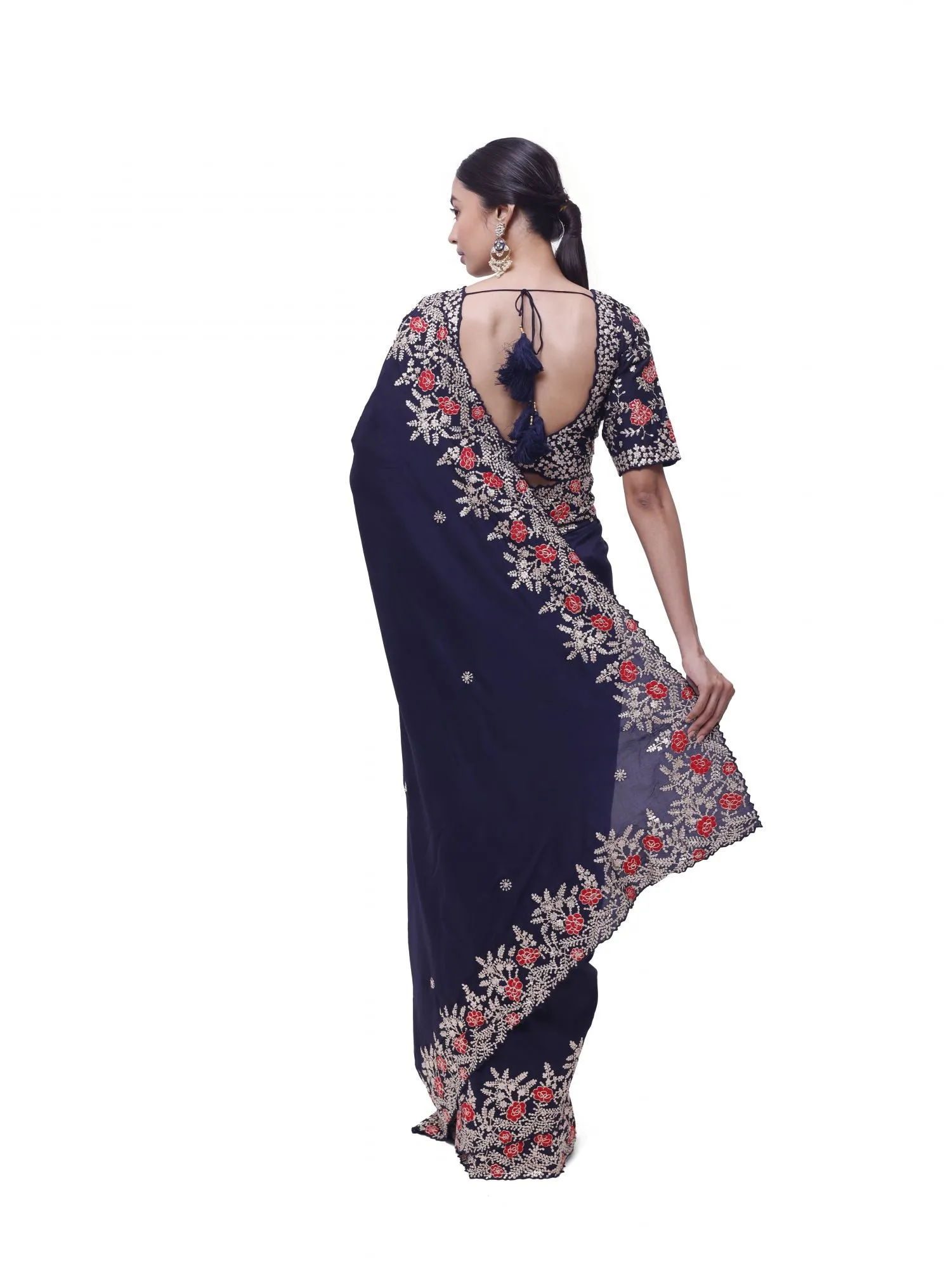 90Z999-RO Navy Blue Zari and Thread Work Silk Saree with Blouse