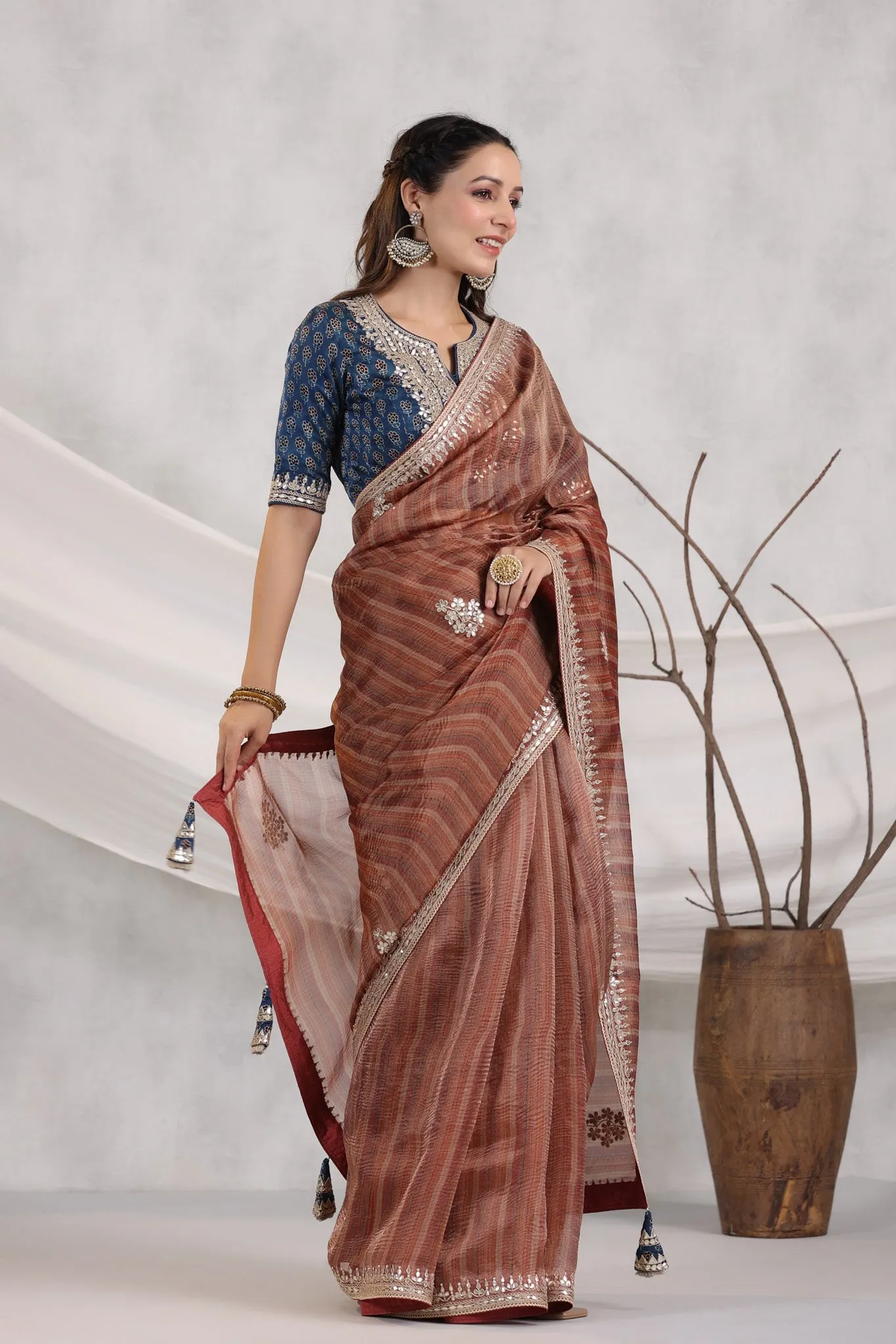 91Z248-RO Brown Striped Organza Saree with Blue Embroidered Blouse