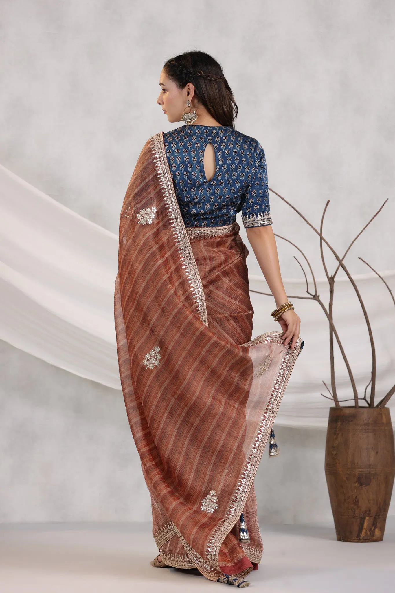 91Z248-RO Brown Striped Organza Saree with Blue Embroidered Blouse