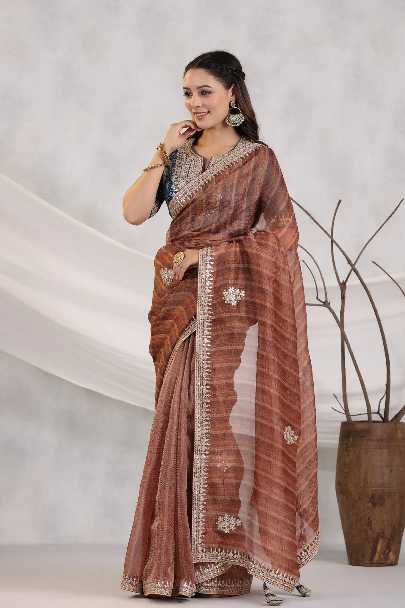 91Z248-RO Brown Striped Organza Saree with Blue Embroidered Blouse