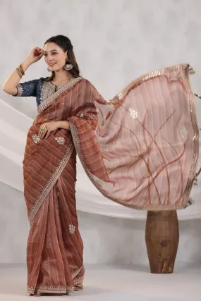 91Z248-RO Brown Striped Organza Saree with Blue Embroidered Blouse