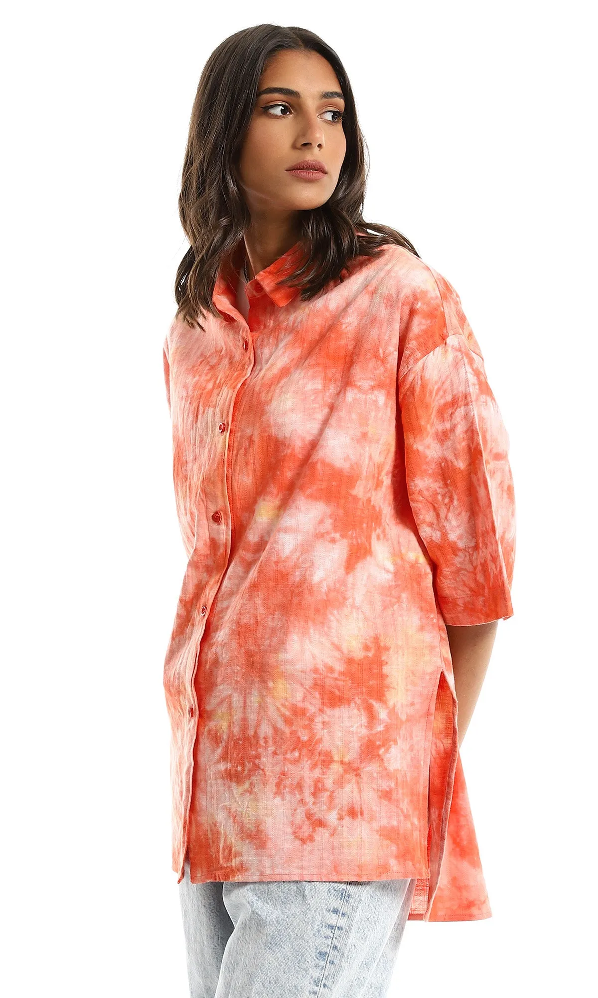 98818 Tie Dye Self Pattern Over-Size Orange Shirt