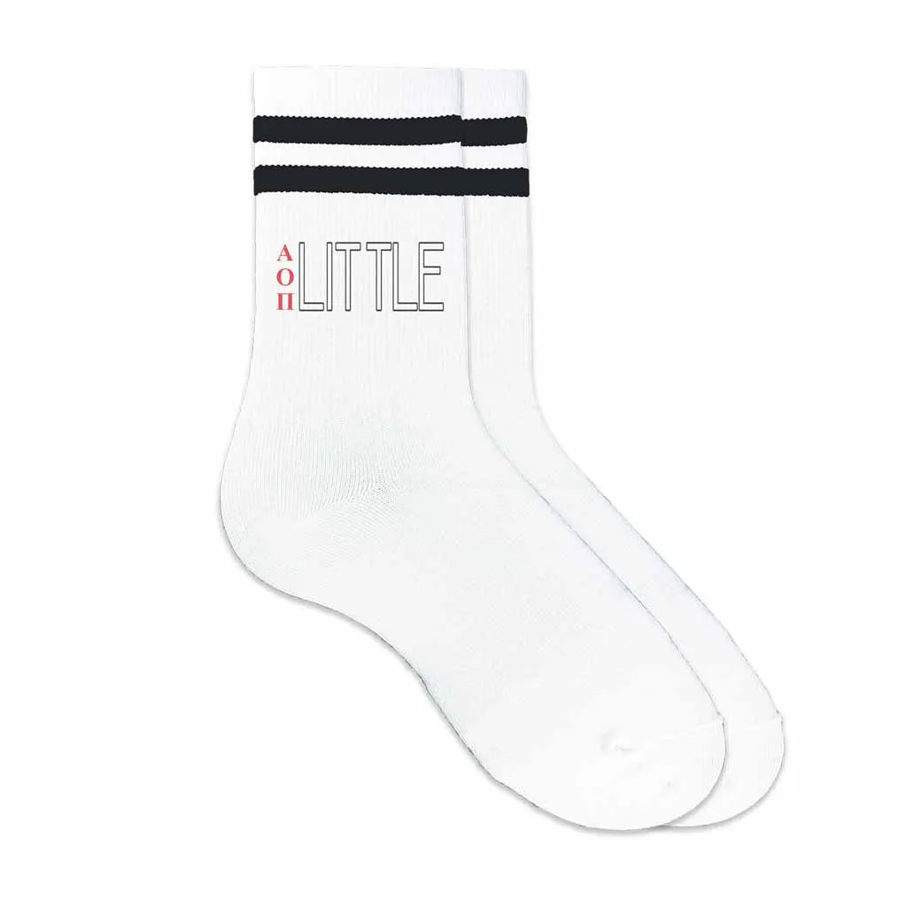 Alpha Omicron Pi Sorority Socks for your Big and Little with Greek Letters on Striped Cotton Crew Socks