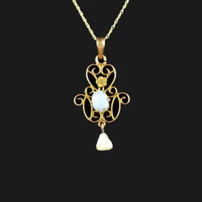 Antique 10K Gold Opal Seed Pearl Lavaliere Necklace