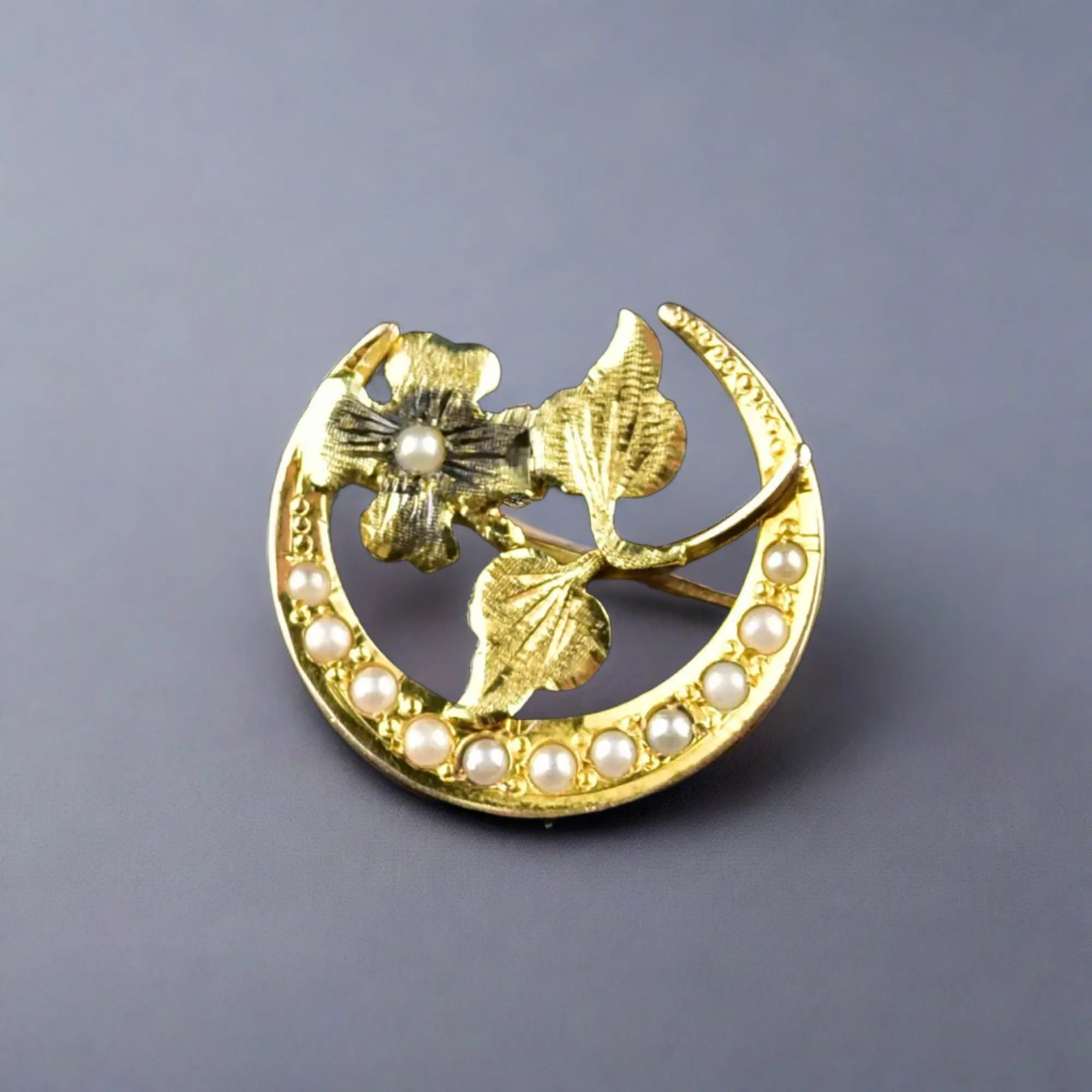 Antique 10K Gold Pearl Crescent Moon Flower Brooch