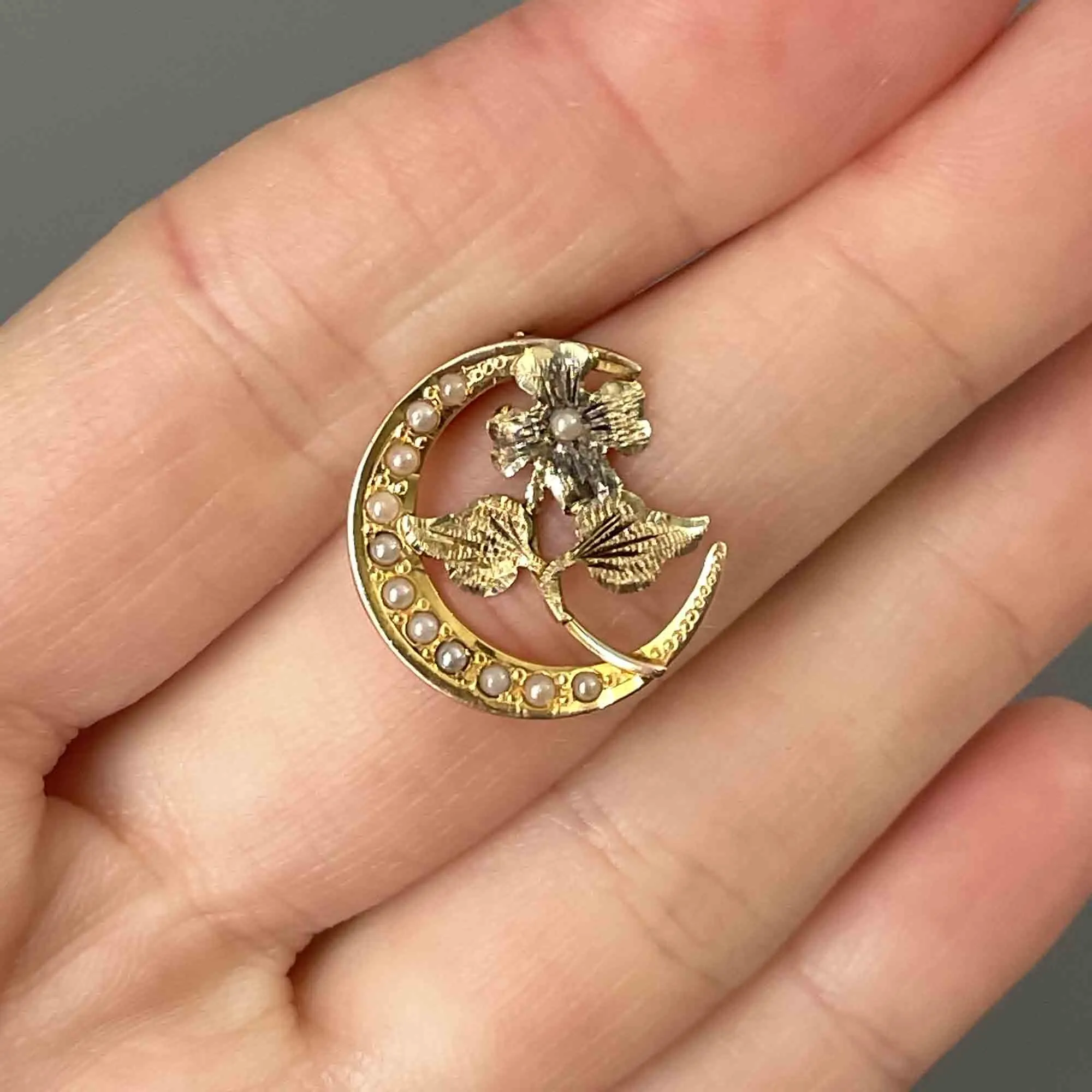 Antique 10K Gold Pearl Crescent Moon Flower Brooch