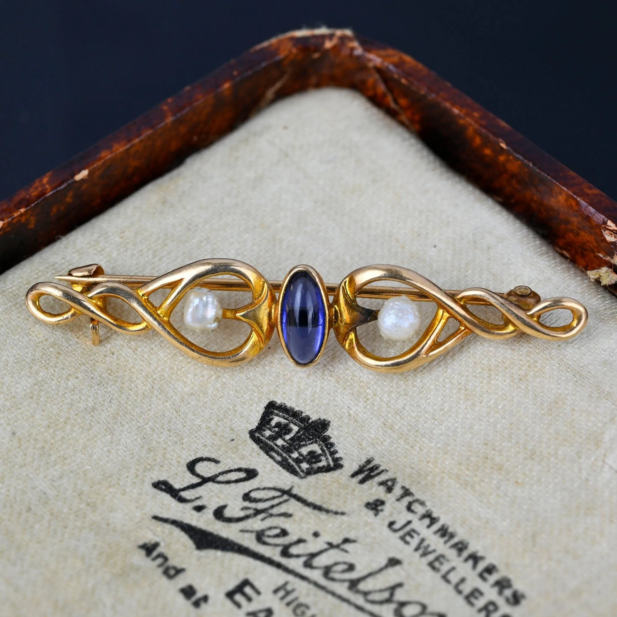 Antique Art Nouveau Pearl Sapphire Cabochon Brooch