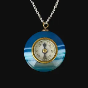 Antique Blue Banded Agate Working Compass Pendant Necklace