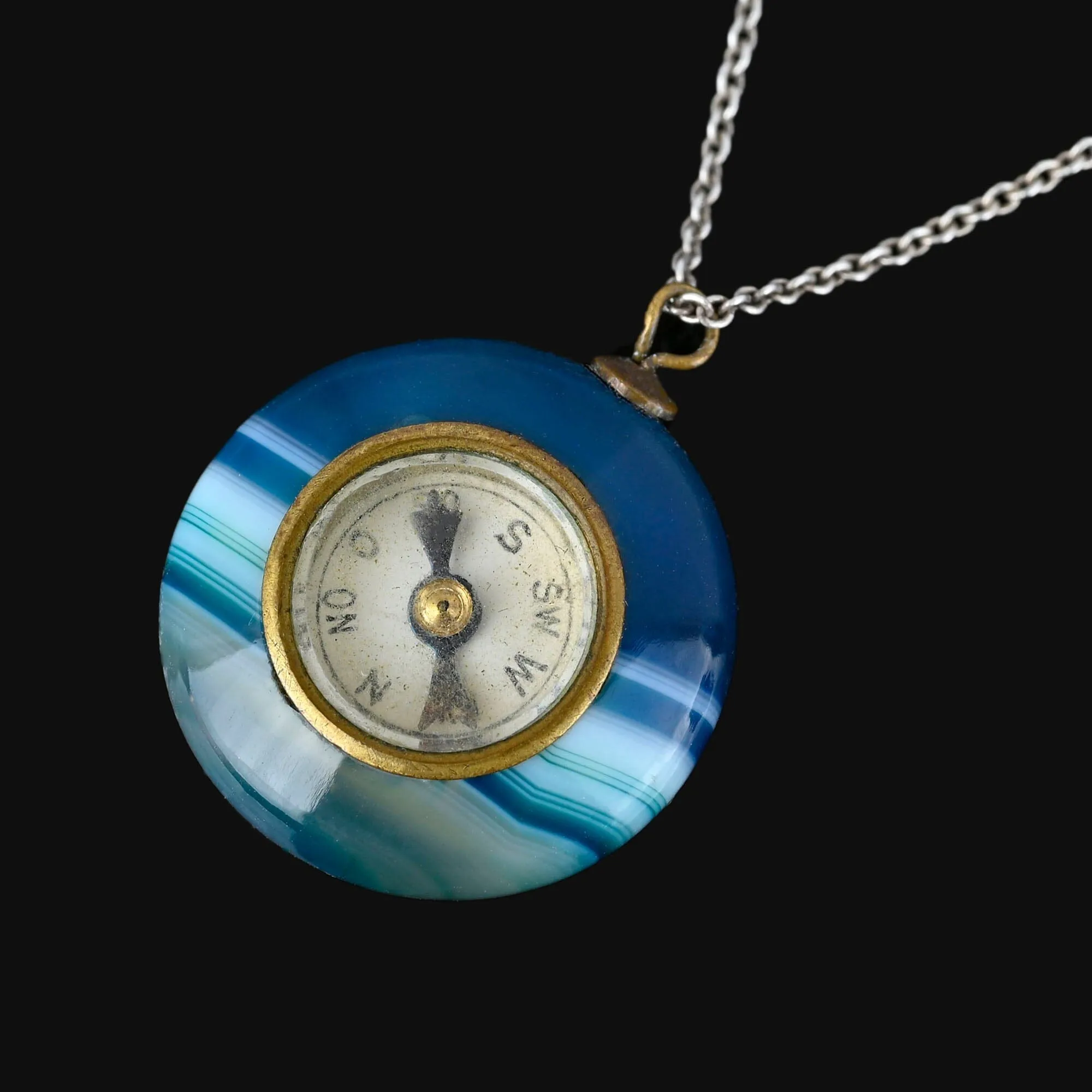 Antique Blue Banded Agate Working Compass Pendant Necklace