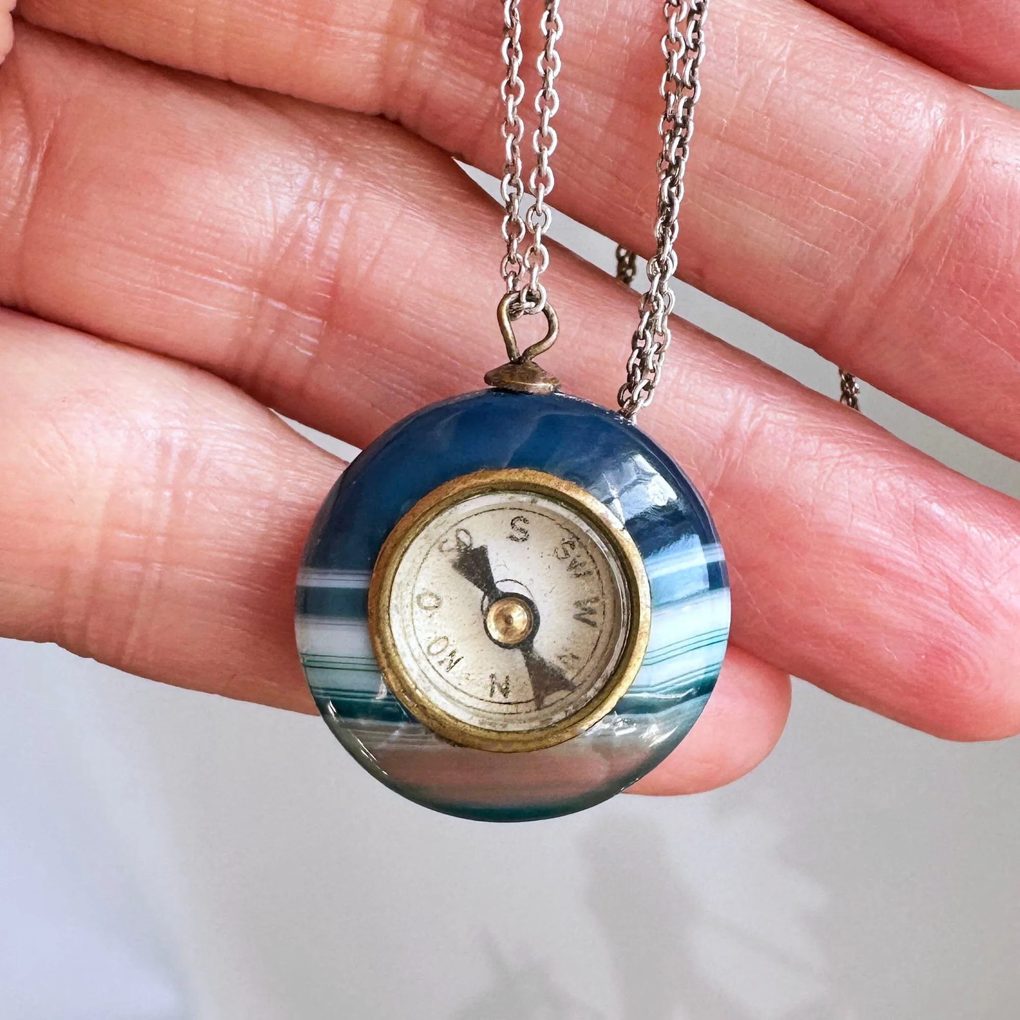 Antique Blue Banded Agate Working Compass Pendant Necklace