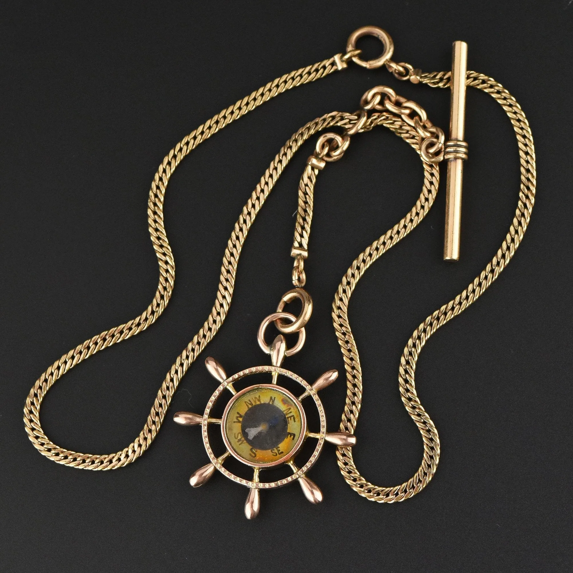 Antique Gold Ship Wheel Compass Watch Chain Necklace