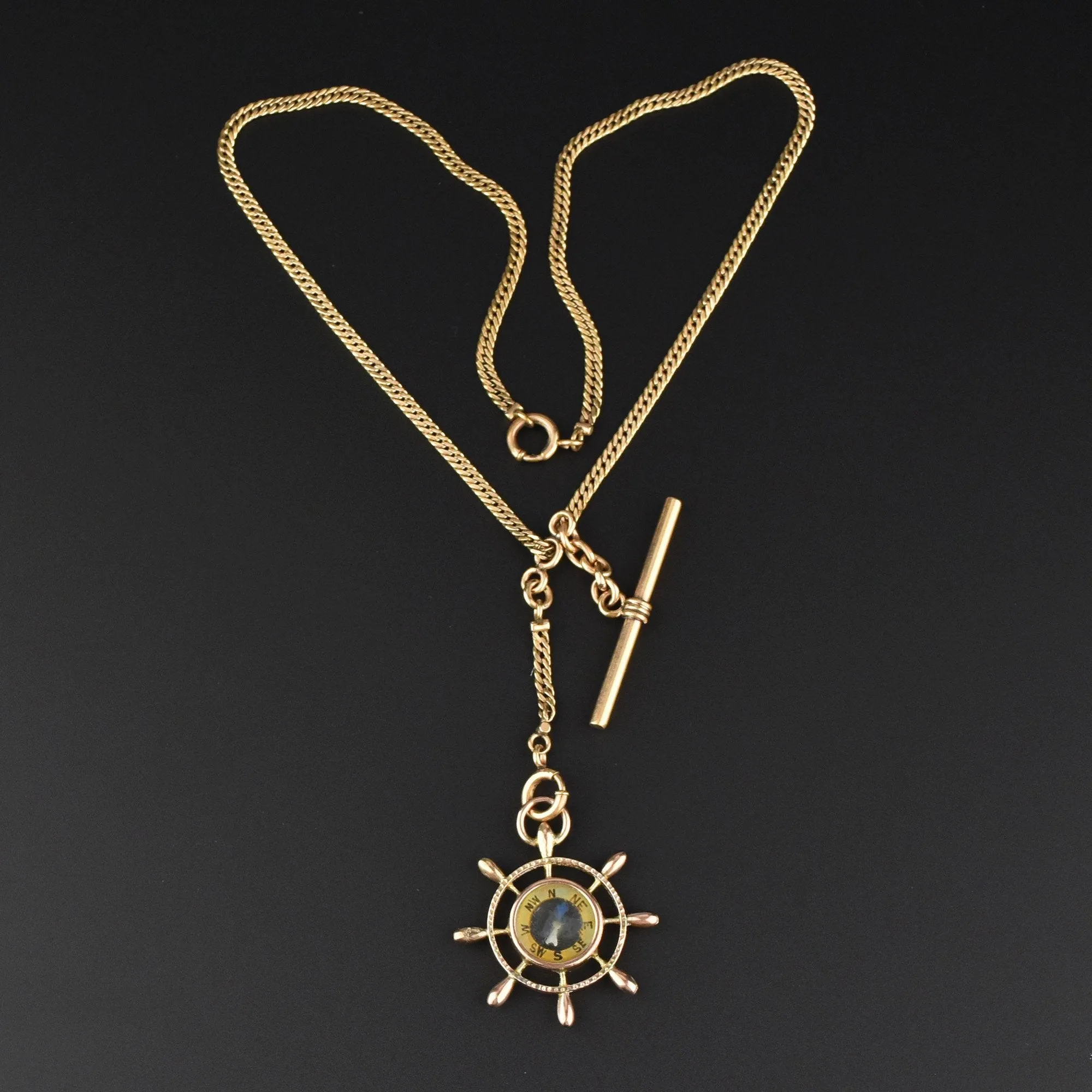 Antique Gold Ship Wheel Compass Watch Chain Necklace