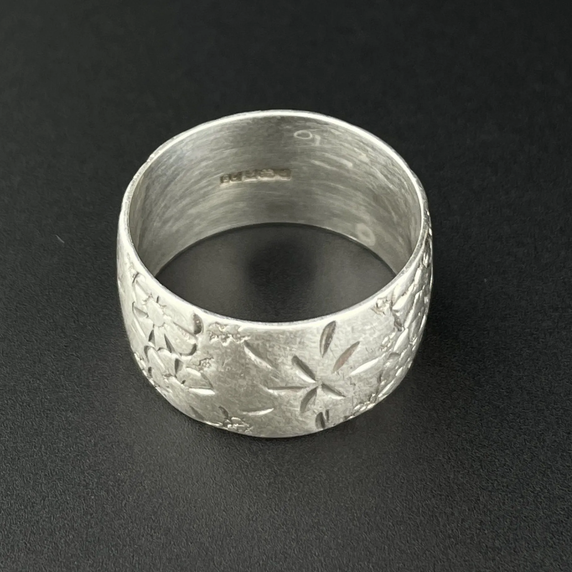 Antique Silver Engraved Forget Me Not Wide Ring, Sz 6.5