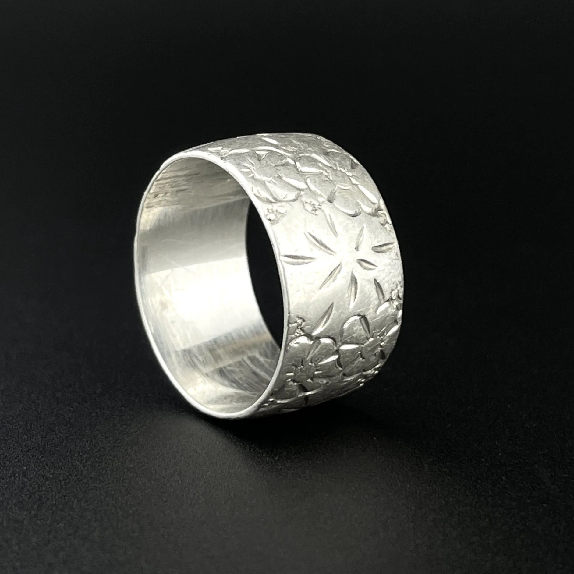 Antique Silver Engraved Forget Me Not Wide Ring, Sz 6.5