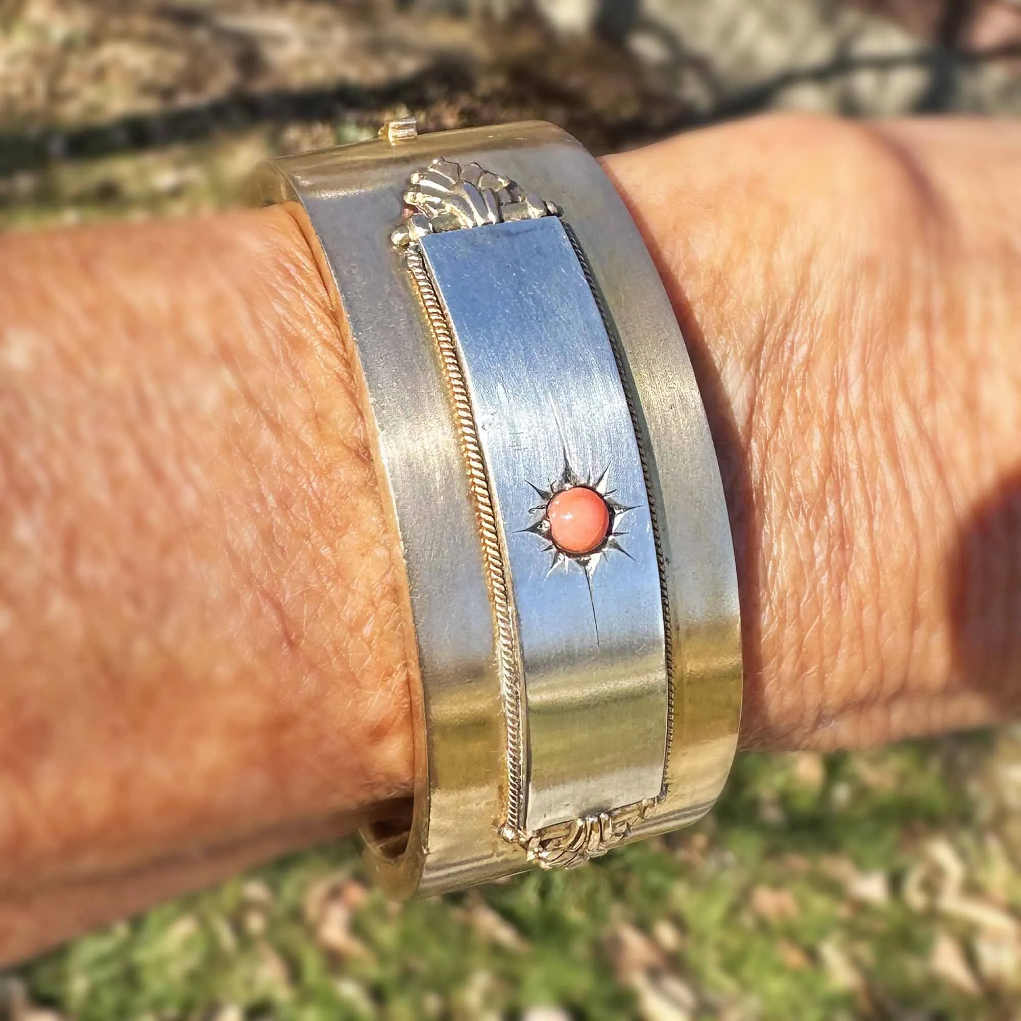 Antique Victorian Silver Gold Filled Coral Bracelet Bangle