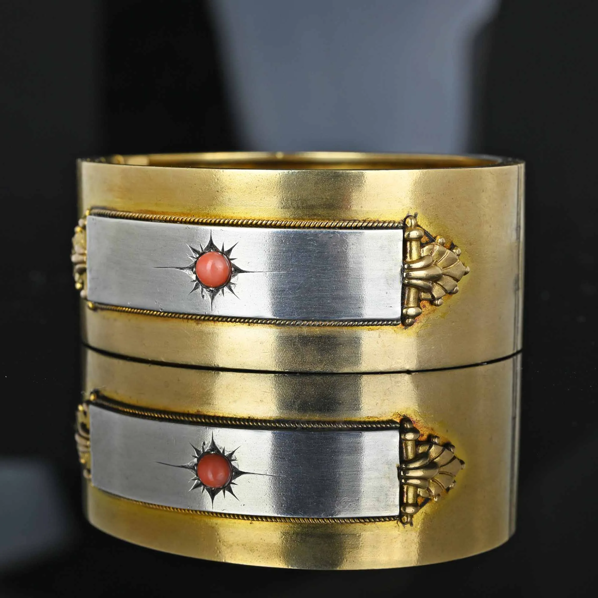 Antique Victorian Silver Gold Filled Coral Bracelet Bangle