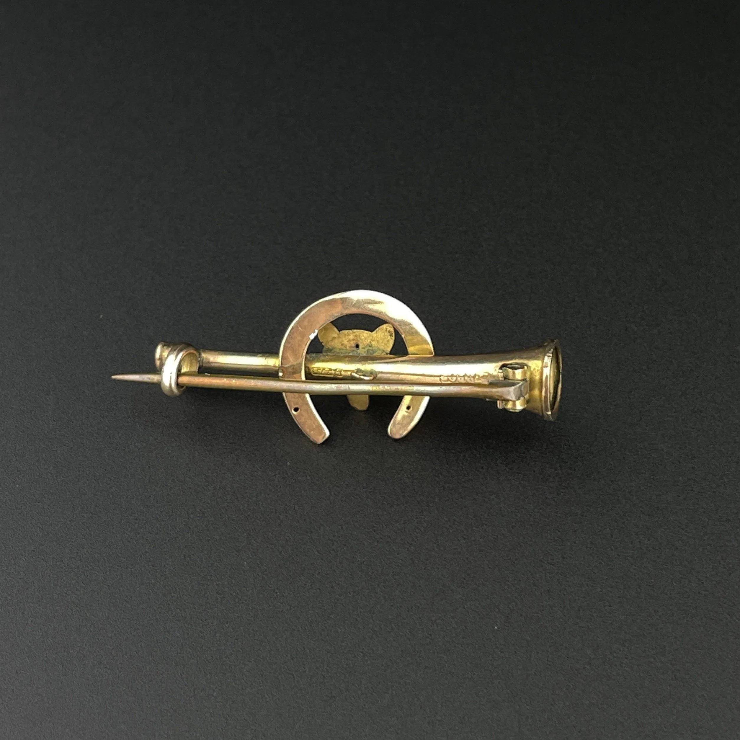 Art Deco 9K Gold Bugle Horseshoe Fox Brooch Pin