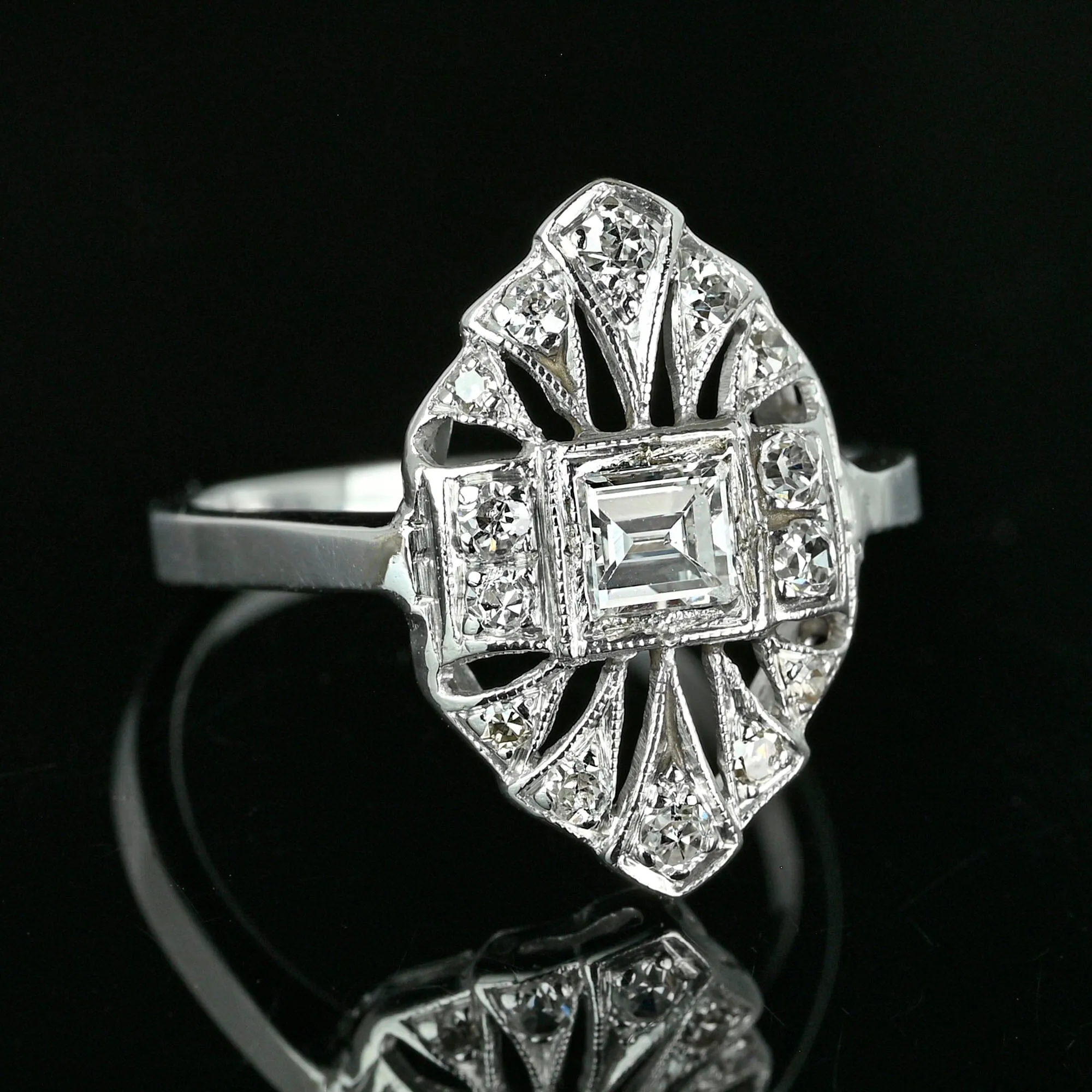 Art Deco Platinum Filigree Emerald Cut Diamond Ring