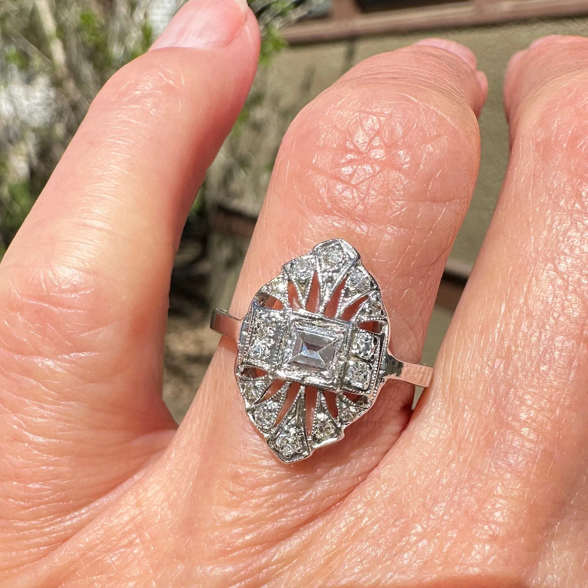 Art Deco Platinum Filigree Emerald Cut Diamond Ring